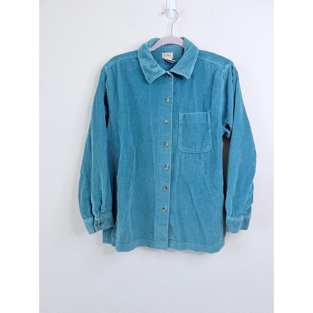 L.L.Bean Corduroy Shirt Women's M Teal Blue Button Front Cotton Outdoor Vintage - Picture 2 of 5